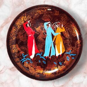 Vintage Lacquerware Trinket Tray Hand Painted Dancing Women 1974 Boho Decor